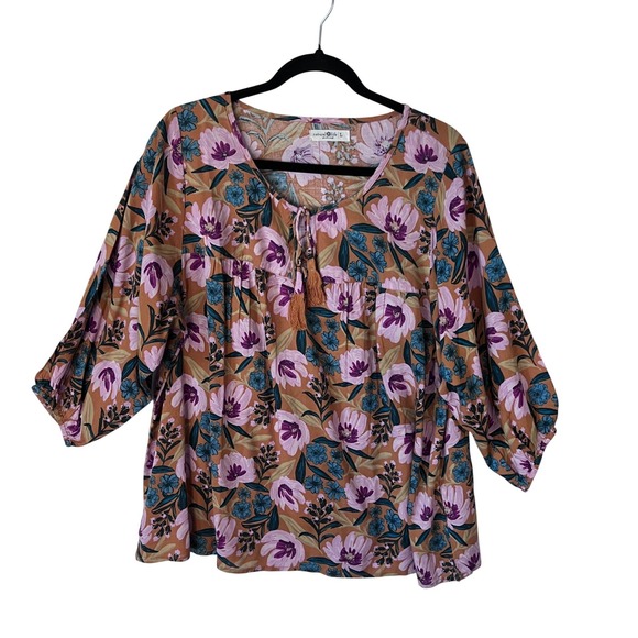 NATURAL LIFE Tops - Natural Life Floral Peasant‎ Tunic Top Boho Tassel Accent Rayon Size Large